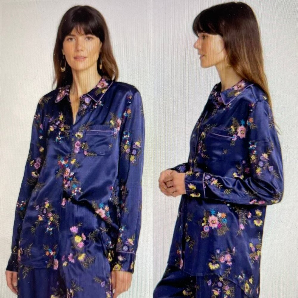 JOHNNY WAS Jade "Misty" Midnight Blue Floral Embroidered Blouse: NWOT! SMALL